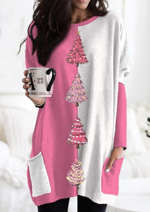 Christmas Tree Color Block Pocket Mini Dress - Pink