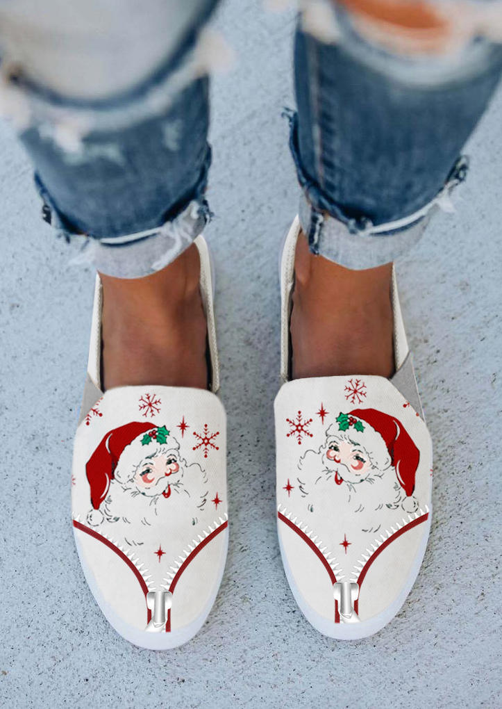 

Christmas Santa Claus Snowflake Zipper Flat Sneakers - White, SCM009352