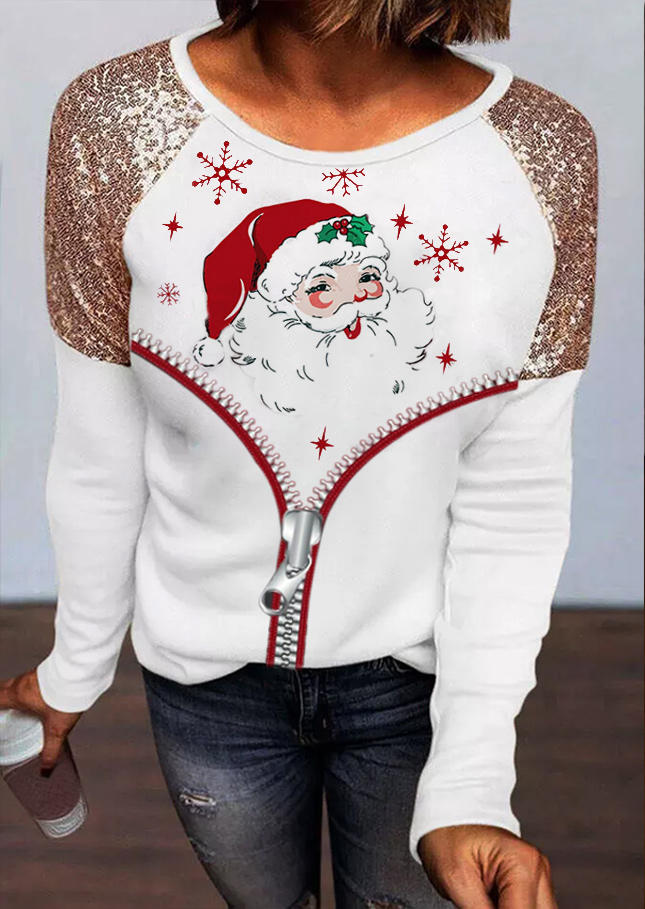 

Christmas Snowflake Santa Claus Sequined Blouse - White, SCM009354