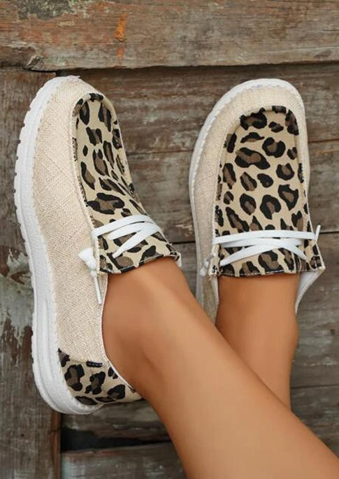 Leopard Lace Up Flat Sneakers - Light Khaki