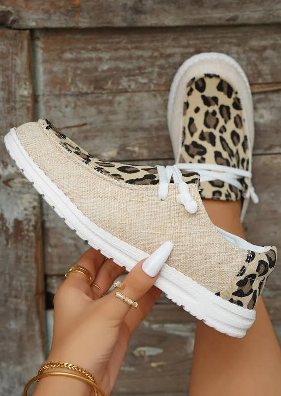 

Leopard Lace Up Flat Sneakers - Light Khaki, SCM009413