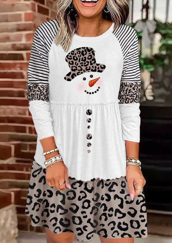 Christmas Leopard Striped Snowman Mini Dress - White