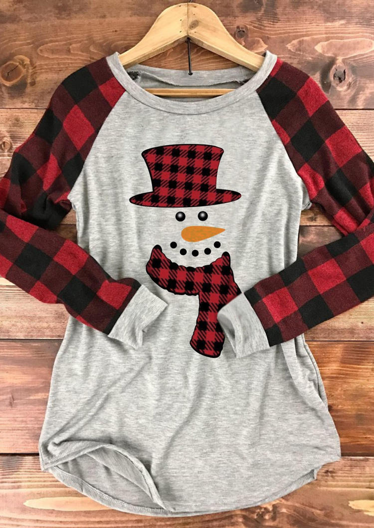 

Christmas Snowman Plaid O-Neck T-Shirt Tee, Multicolor, SCM009424