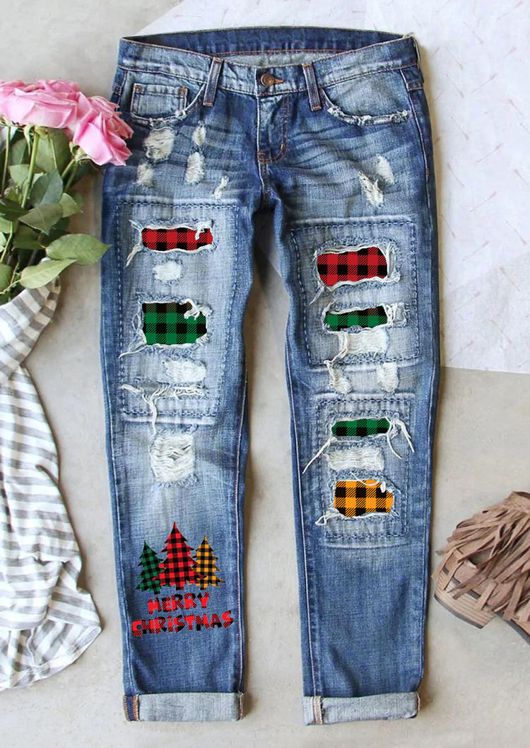 Merry Christmas Tree Plaid Ripped Distressed Denim Jeans - Blue