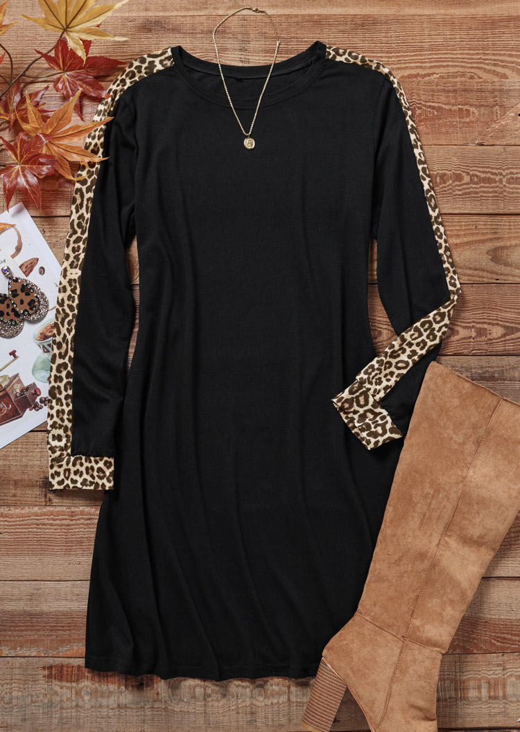 Leopard Long Sleeve O-Neck Mini Dress - Black