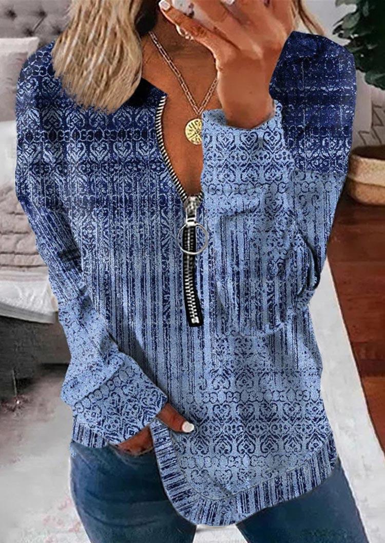 

Zipper Long Sleeve Blouse - Blue, SCM008673