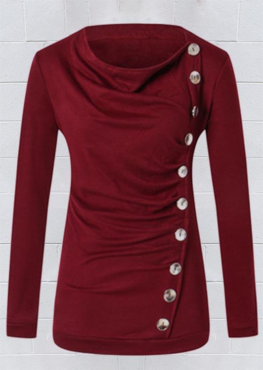 Button Ruched Long Sleeve Blouse - Burgundy