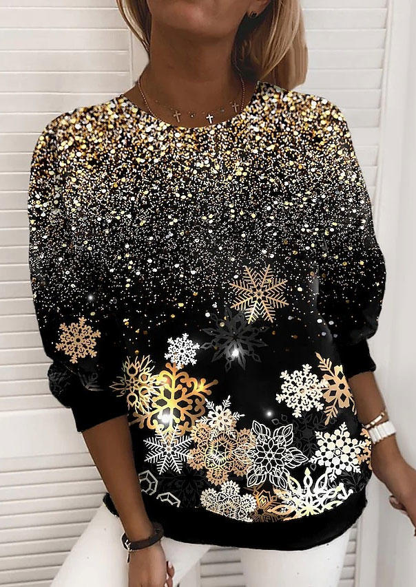 

Christmas Snowflake Long Sleeve Blouse - Black, SCM008679