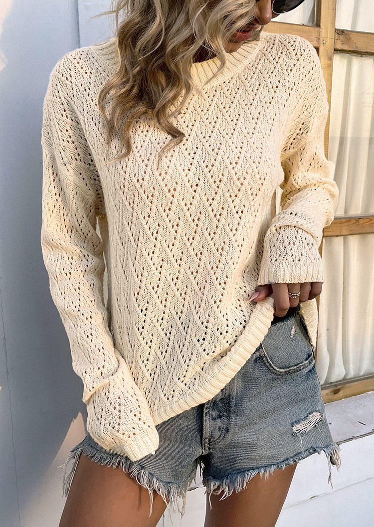 

Hollow Out Long Sleeve Pullover Sweater - Beige, White, SCM008681