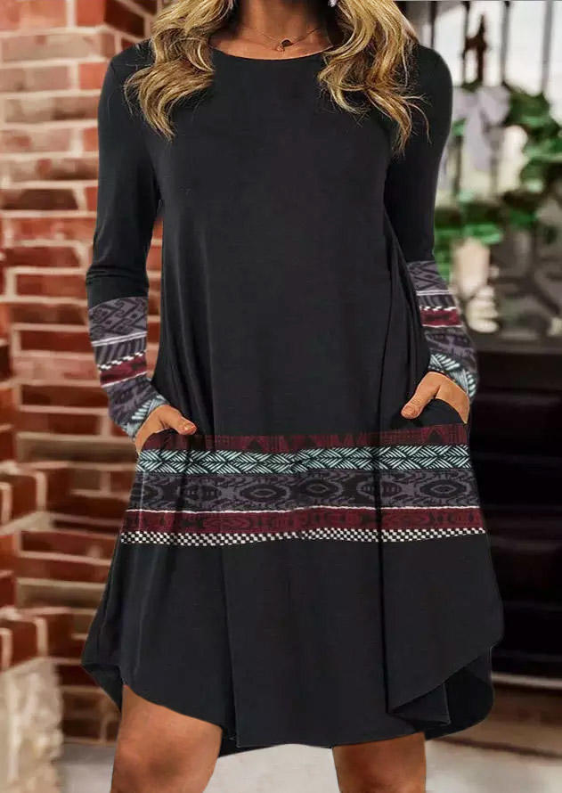

Bohemia Checkered Pocket Long Sleeve Loose Mini Dress - Black, SCM008701