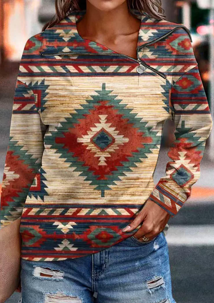 

Aztec Geometric Zipper Long Sleeve Sweatshirt, Multicolor, SCM008813