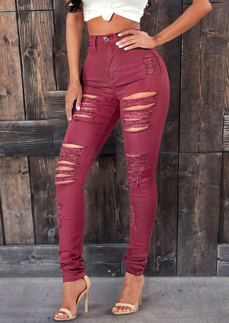 

Ripped Hole Button Zipper Pocket Pants - Red, SCM008814