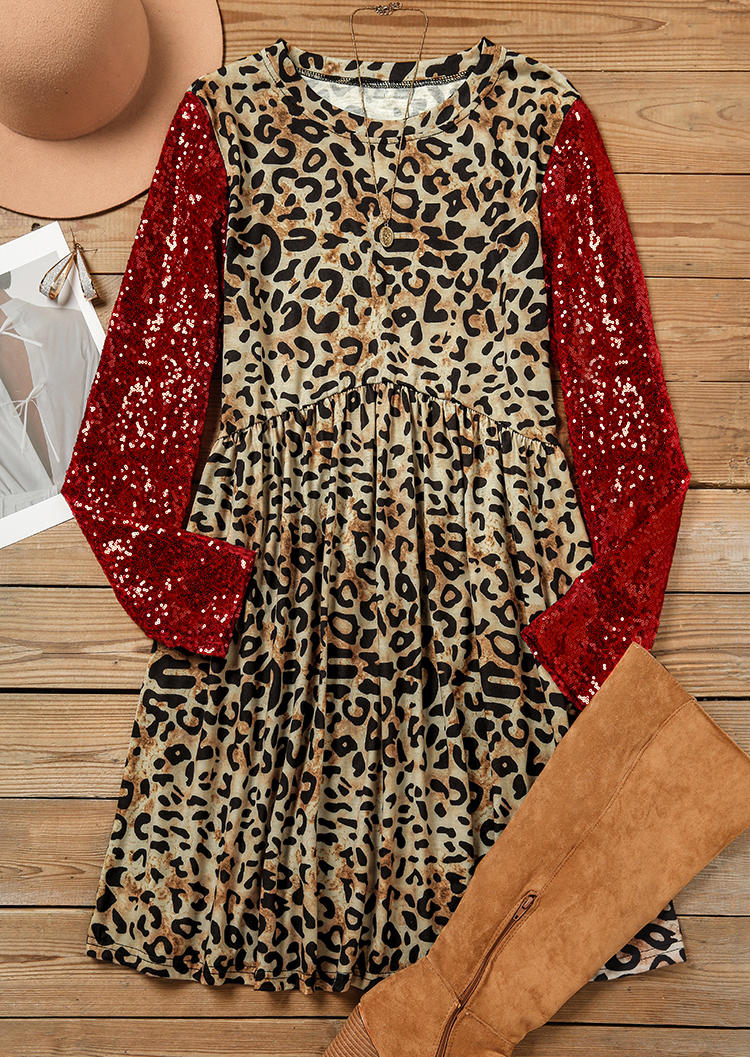 Leopard Ruffled O-Neck Mini Dress