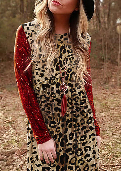 Leopard Sequined Ruffled O-Neck Mini Dress