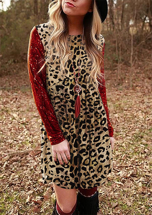 Leopard Ruffled O-Neck Mini Dress