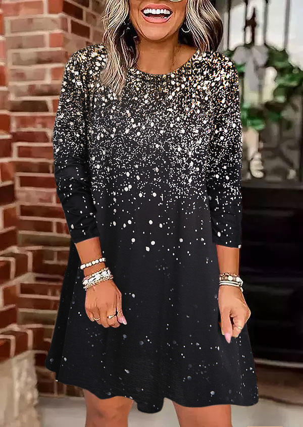 Glitter Long Sleeve Mini Dress - Black
