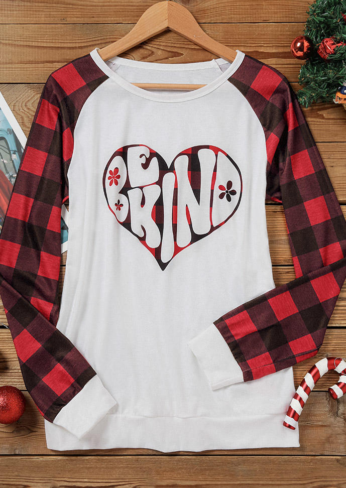 Be Kind Heart Plaid O-Neck T-Shirt Tee - White