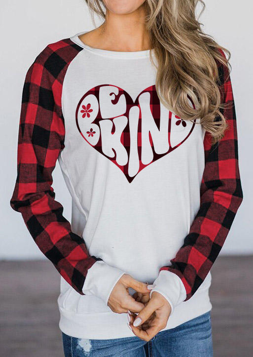 

Be Kind Heart Plaid O-Neck T-Shirt Tee - White, SCM009049