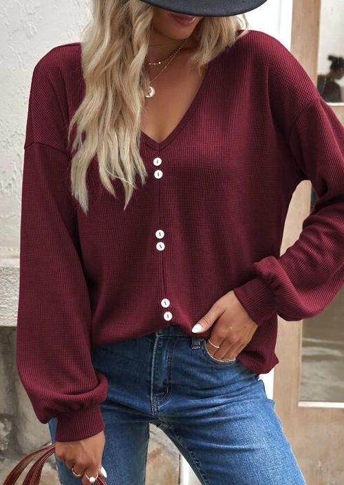 

Button Long Sleeve V-Neck Blouse - Burgundy, Red, SCM009172