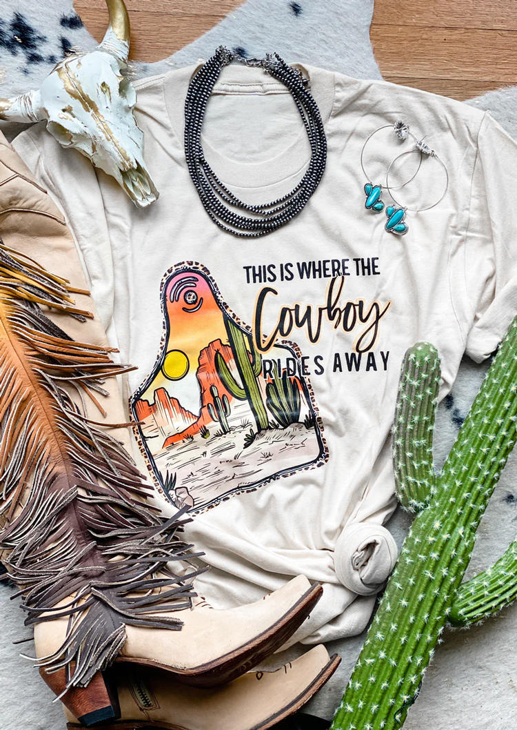 

This Is Where The Cowboy Rides A Away Cactus T-Shirt Tee - White, SCM009181