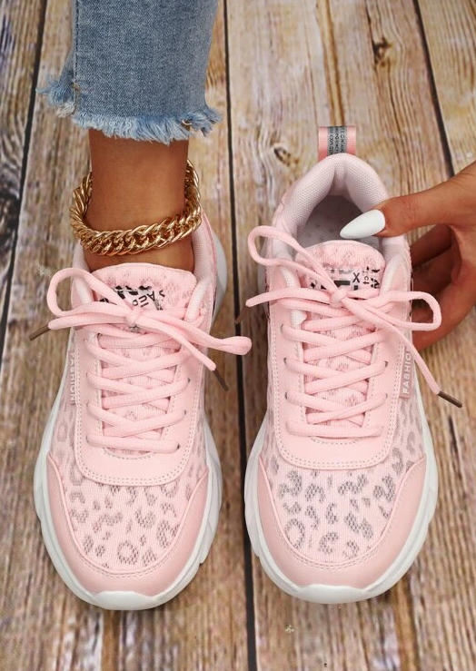 Leopard Letter Graphic Lace Up Running Sneakers - Pink