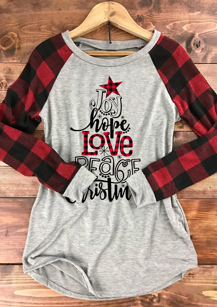 

Joy Hope Love Peace Christmas Buffalo Plaid Tree T-Shirt Tee - Light Grey, Gray, SCM009230
