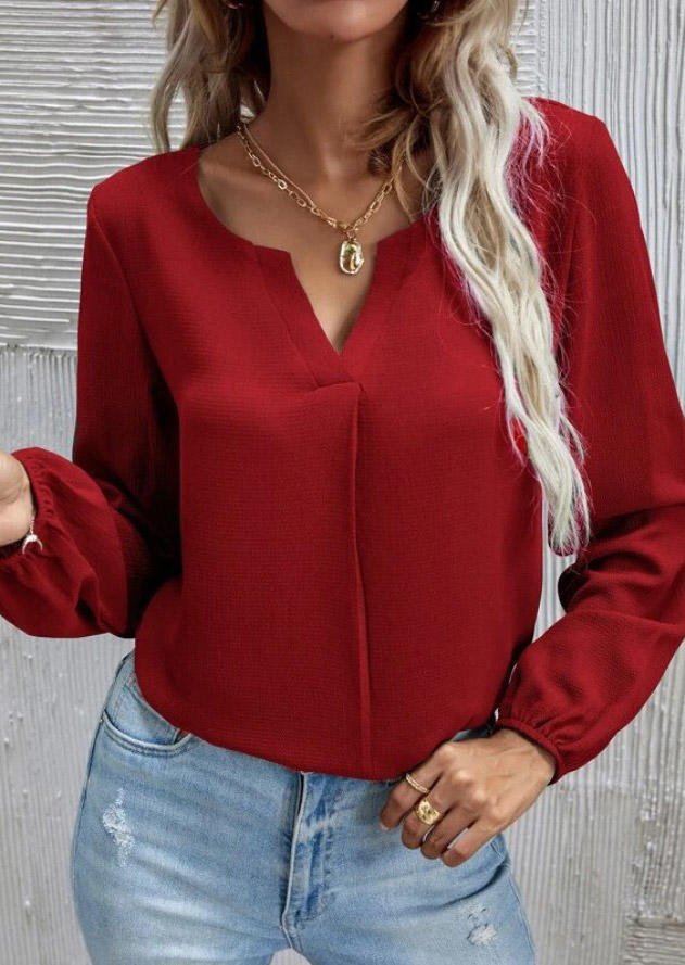 

Elastic Cuff Long Sleeve Blouse - Red, SCM009237