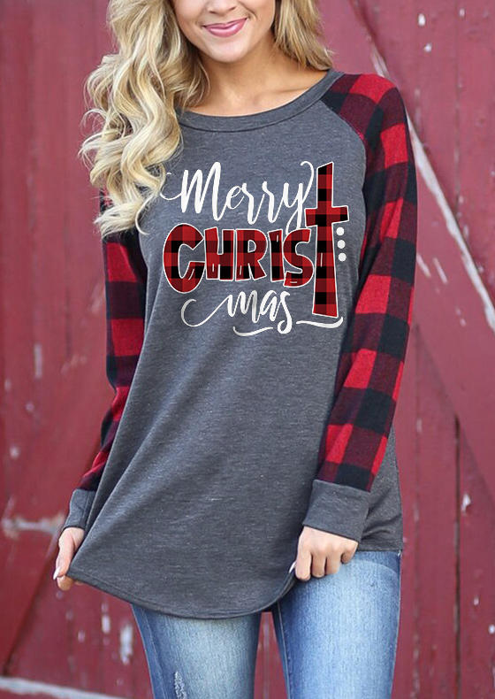 

Merry Christmas Plaid Cross T-Shirt Tee - Dark Grey, Gray, SCM009283