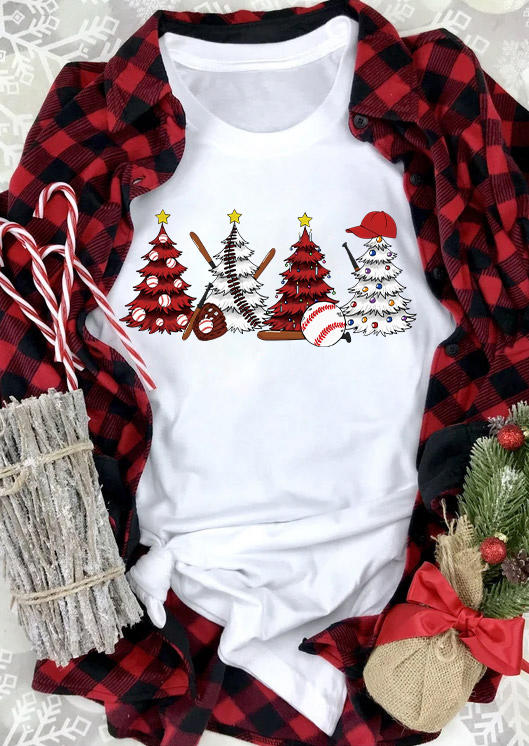 

Christmas Tree Baseball O-Neck T-Shirt Tee - White, SCM009285
