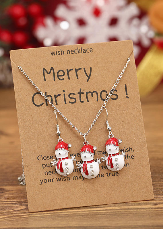 

3Pcs Merry Christmas Snowman Pendant Necklace And Earrings Set, White, SCM009426