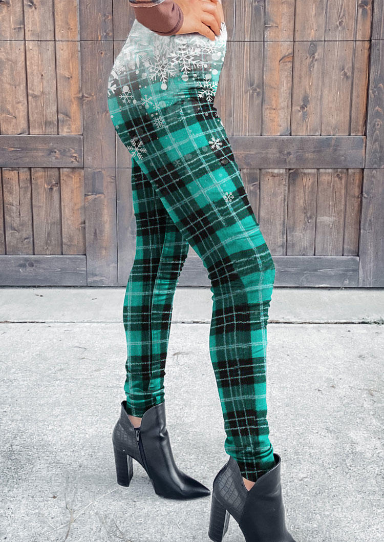 

Christmas Gradient Plaid Snowflake Leggings - Green, SCM009428