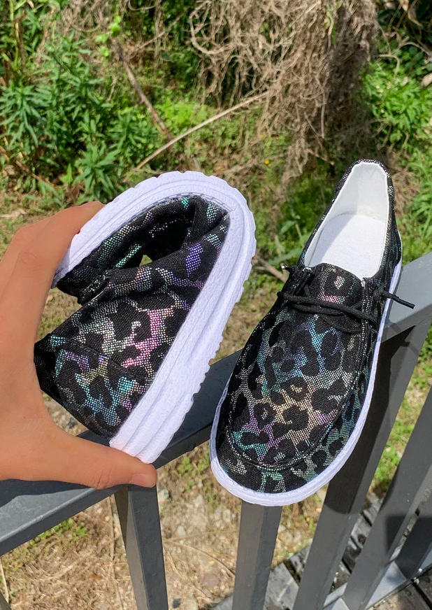 Leopard Slip On Round Toe Flat Sneakers - Black