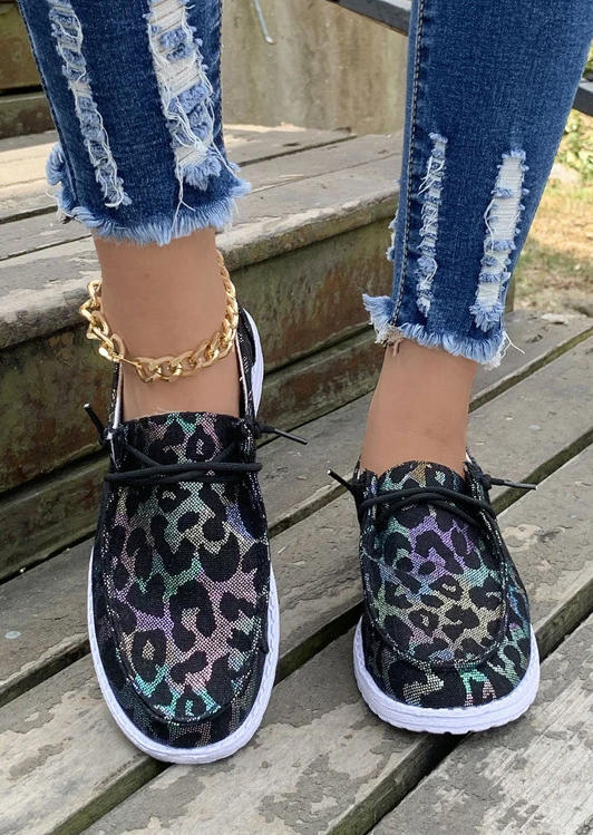 Leopard Slip On Round Toe Flat Sneakers - Black