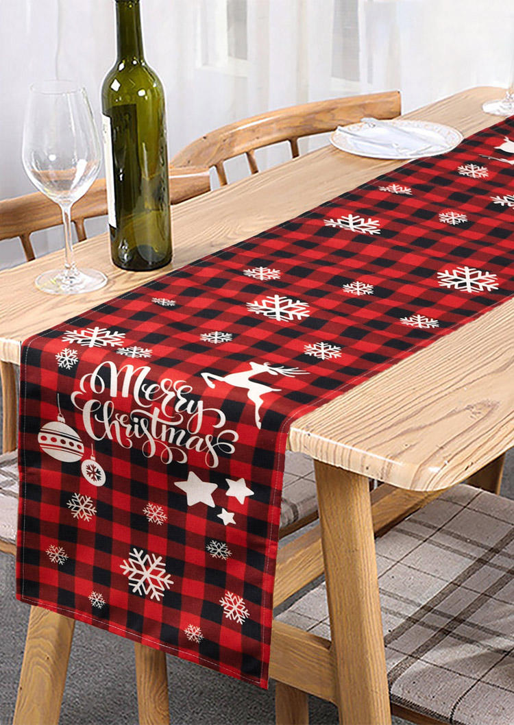 

Merry Christmas Reindeer Snowflake Buffalo Plaid Table Runner, Red, SCM007836