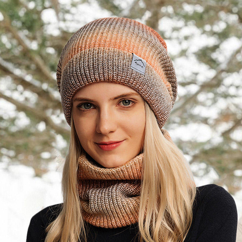 2Pcs Gradient Knitted Beanie Hat And Neck Warmer Set