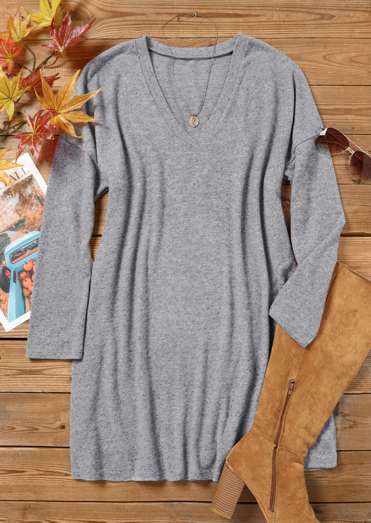 Drop Shoulder V-Neck Mini Dress - Light Grey