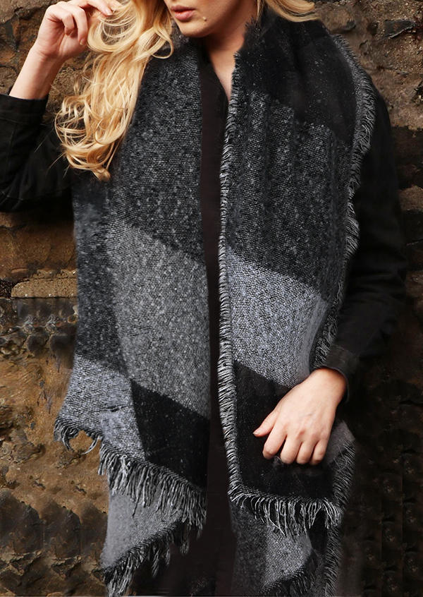 

Plaid Frayed Warm Shawl Scarf, Gray;red, SCM008358