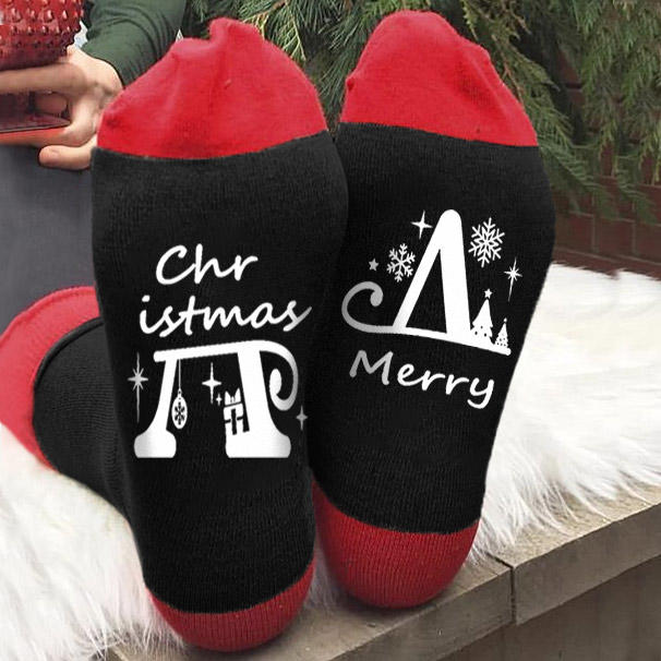 Merry Christmas Snowflake Crew Socks - Black