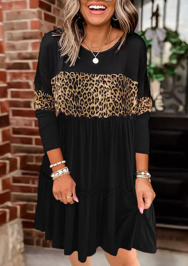 Pre-sale Leopard Color Block Ruffled Splicing Mini Dress - Black