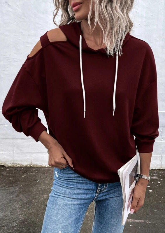 

Hollow Out Long Sleeve Hoodie - Burgundy, Red, SCM008796