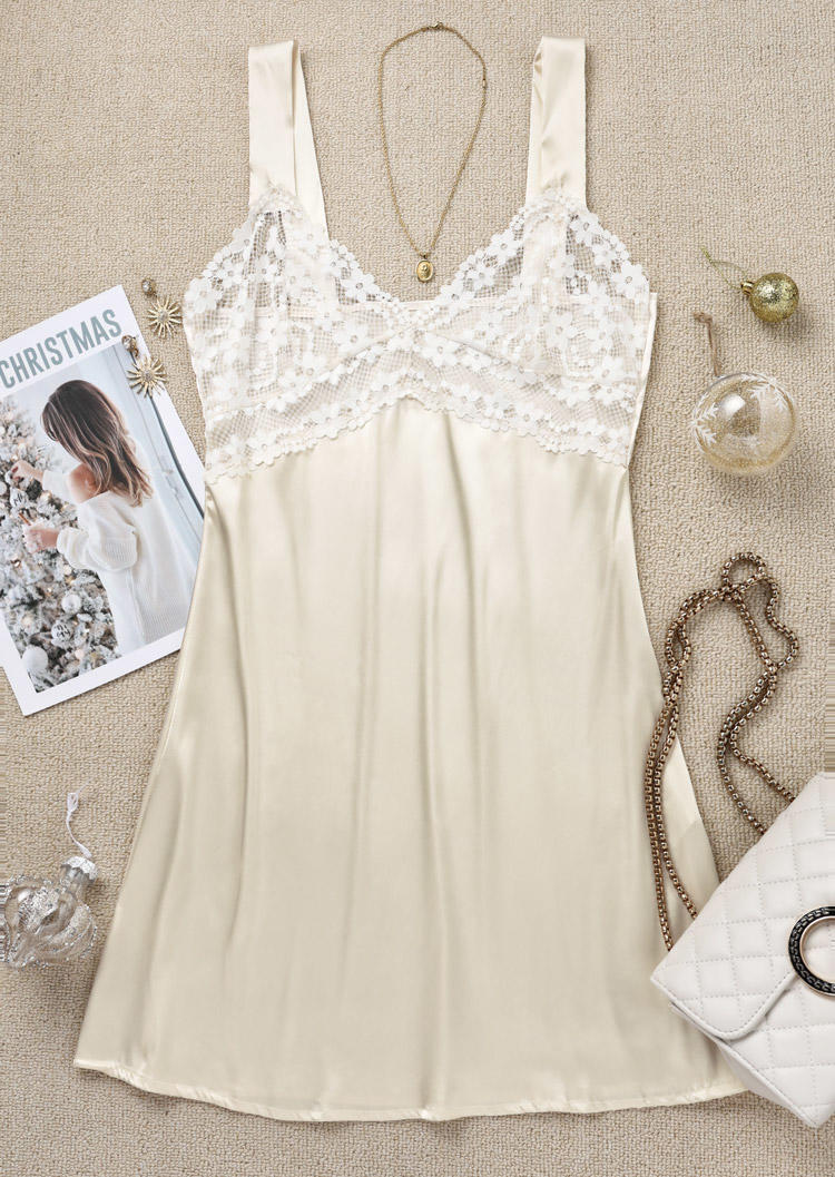 Lace Splicing Spaghetti Strap Mini Dress - White