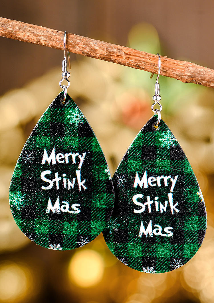 Christmas Merry Stink Mas Snowflake Plaid Earrings - Green