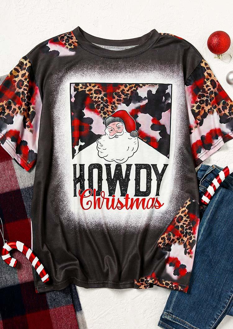 

Howdy Christmas Santa Claus Leopard Plaid T-Shirt Tee, Multicolor, SCM009045
