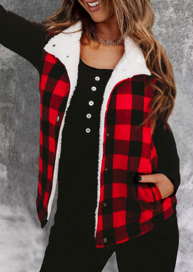 

Plaid Pocket Button Fuzzy Vest Coat - Red, SCM009063