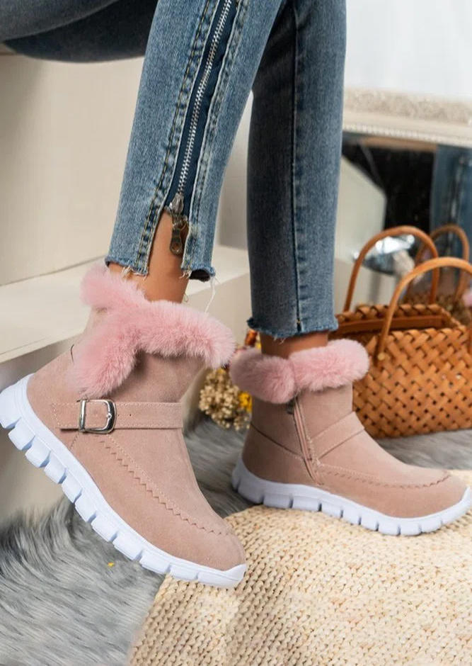 Zipper Buckle Strap Plush Warm Snow Boots - Pink