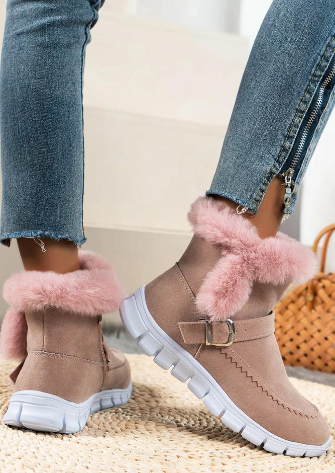 Zipper Buckle Strap Plush Warm Snow Boots - Pink