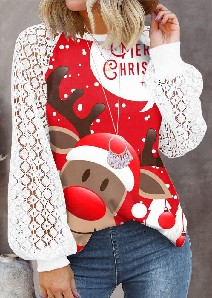 

Christmas Reindeer Dot Lace Splicing Blouse - Red, SCM009337