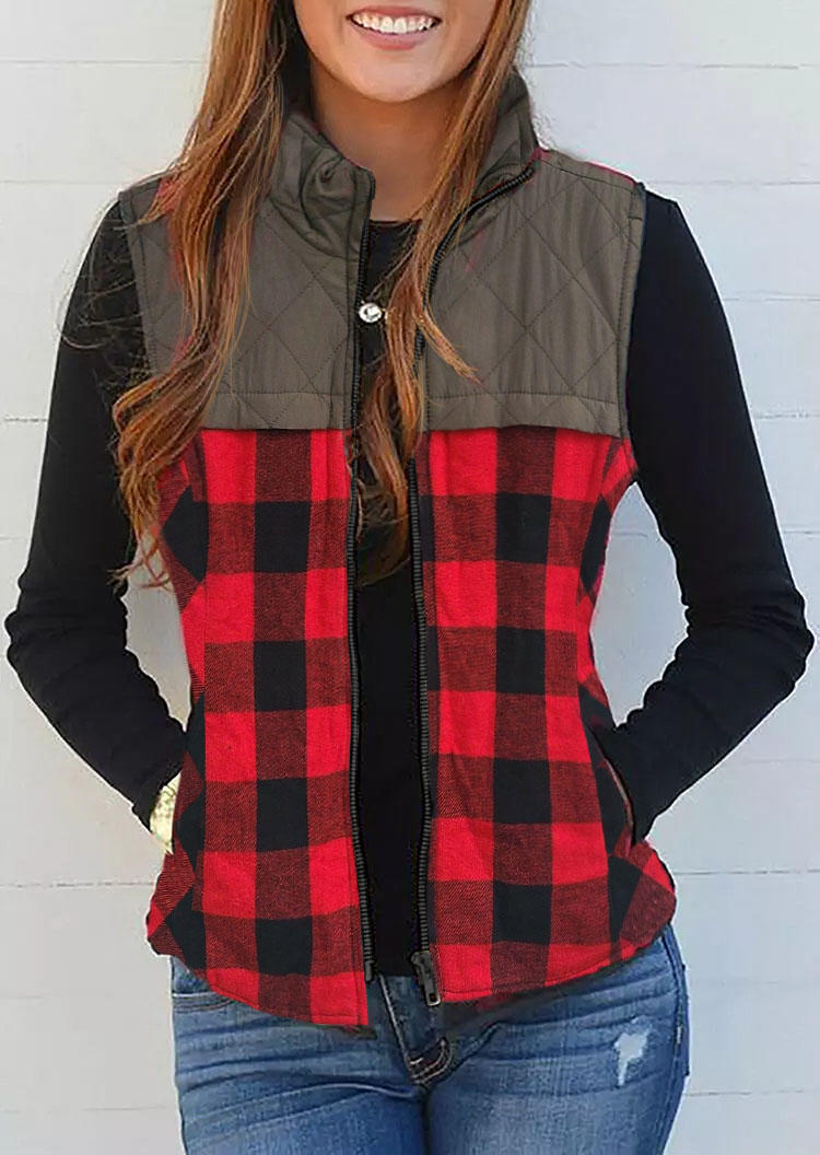 

Plaid Zipper Pocket Stand Collar Vest Coat, Multicolor, SCM009344