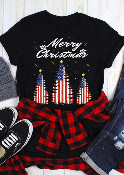 

Merry Christmas American Flag Tree T-Shirt Tee - Black, SCM009363