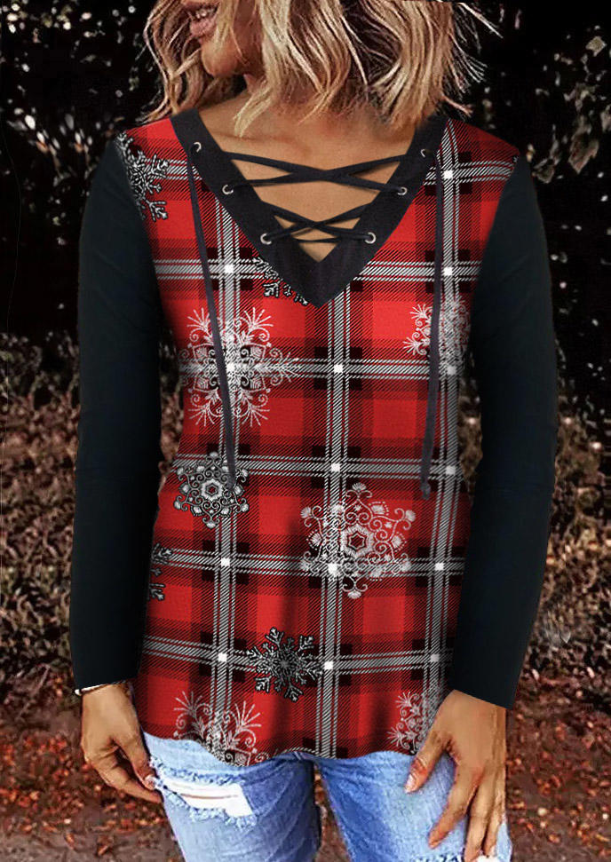 

Christmas Snowflake Plaid Lace Up Blouse, Multicolor, SCM009433